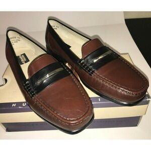 NIB Women's Hush Puppies Brown Leather w/ Black Trim Slip On Loafers 7.5 Wide